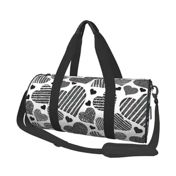 Дорожные сумки с черными и белыми сердечками, мужская сумка для фитнеса, сумка-цилиндр, женская Большая дорожная сумка, сумка для багажа, сумки для спортзала