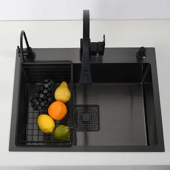 Черная одинарная кухонная раковина, раковина для мытья овощей, кухонная раковина, черная раковина из нержавеющей стали, черная раковина, черная сливная труба
