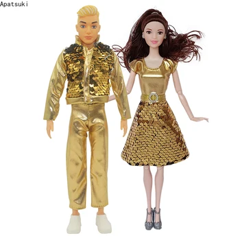 Золотое уникальное платье с блестками для пары кукол Барби; Комплект одежды ручной работы; Модные наряды для кукол Кен Бой; Аксессуары для кукол; Детские игрушки своими руками.
