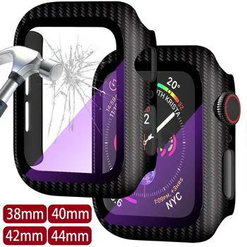 Чехол из углеродного волокна для Apple Watch 44 мм 40 мм 42 мм 38 мм 44 мм Защитная Стеклянная пленка для экрана Iwatch Series 3 4 5 SE 6