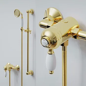 Набор для душа в ванной комнате, настенный Золотой Однорычажный Классический кран Для ванной комнаты, смеситель для ванны и душа, Латунь, сверкающее золото