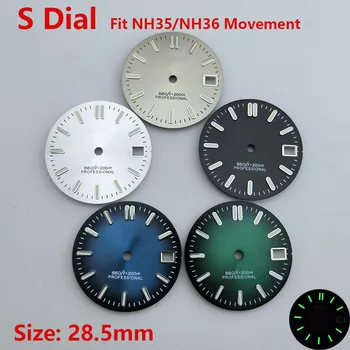 28,5 мм циферблат NH35 Циферблат S циферблат Зеленый светящийся циферблат Подходит для часового механизма NH35 NH36 аксессуары для часов Инструмент для ремонта часов