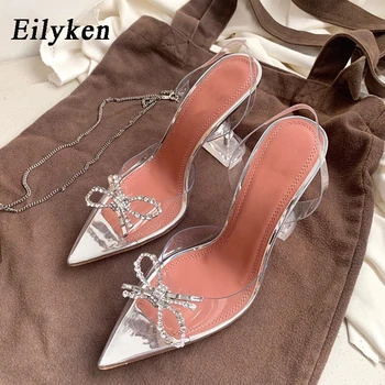 Eilyken бабочка-узел ПВХ прозрачный кристалл женщины насосы мода острым носом банкетный партии сандалии из плексигласа обуви на высоком каблуке
