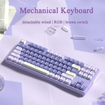 Мини-механическая игровая проводная клавиатура RGB, коричневый переключатель, 87 клавиш, геймерская клавиатура для компьютера, портативных ПК, съемная клавиатура Type-C