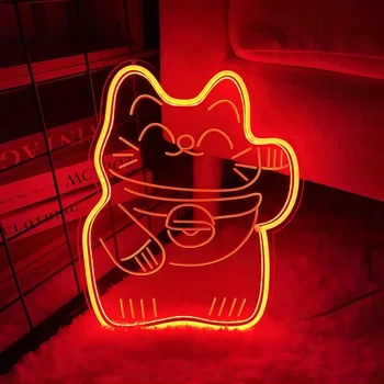 Неоновая вывеска Lucky Cat, Вырезать Персональную светодиодную подсветку для украшения Хэллоуина, Декор игровой комнаты, Лампы на стене, Поддержка по индивидуальному заказу