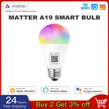 Matter E27 Умная лампочка Wi-Fi, светодиодная лампа RGB с регулируемой яркостью, база E27, пульт дистанционного управления, Поддержка Alexa Home, HomeKit, светодиодные лампы Siri