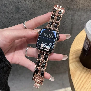 Кожаный ремешок для часов Apple Watch Band 44 мм ultra 2 49 мм 45 мм 41 мм 40 мм Роскошный металлический браслет Iwatch Series SE 9 8 7 6 5
