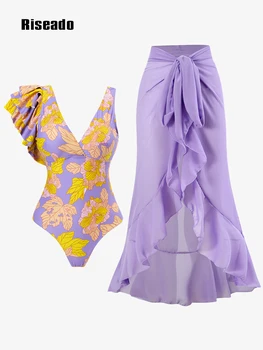 Сексуальный купальник Riseado с V-образным вырезом, цельный купальник с рюшами и юбкой, купальник с цветочным принтом, женская пляжная одежда, лето