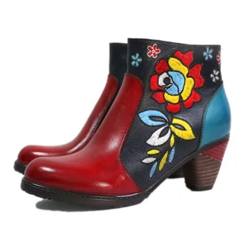 Женские ботинки из натуральной кожи в стиле ретро, сращивание на высоком каблуке толщиной 6-8 см, короткие сапоги на молнии, женская обувь с принтом, женская обувь