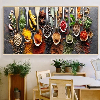 Декор стен в кухонной тематике, Красочные специи и ложки на столе, картины на холсте, Продукты для приготовления пищи, Ингредиенты для приготовления пищи, Декор для печати на холсте