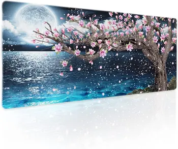 Японский Розовый Цветочный Коврик Для мыши XL Сакура Вишня Магнолия Голубой Океан Луна Ночной Настольный Коврик С Прошитым Краем Длиной 31,5 × 11,8 дюйма