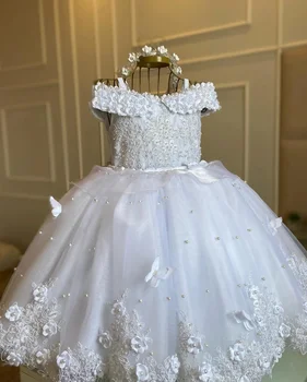 Свадебное платье с белым жемчугом для цветочницы, 3D бабочка без рукавов с бантом, день рождения, Детское Рождественское бальное платье принцессы