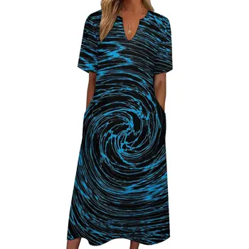 Летнее платье для мелководья с синим вихревым принтом, эстетичные пляжные длинные платья в стиле бохо, женское графическое элегантное платье Макси, большой размер 5XL
