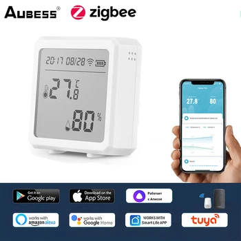Умный датчик температуры и влажности Tuya Zigbee с ЖК-экраном, беспроводной термометр, цифровой дисплей, Работа с Alexa Google