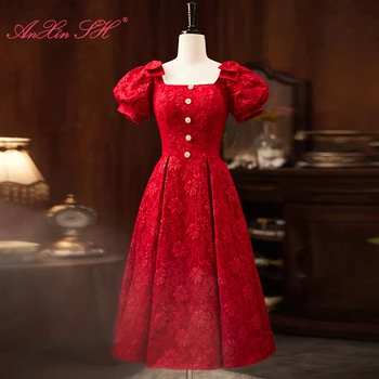 AnXin SH princess win красное цветочное атласное платье трапециевидной формы с большим бантом и пышными рукавами на пуговицах для невесты короткое вечернее платье little red dress