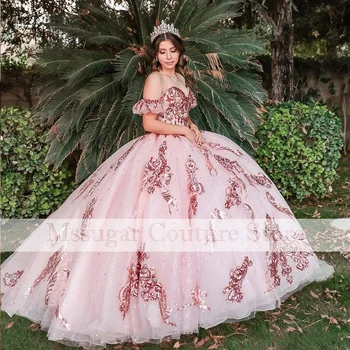 2021 Светло-розовые пышные платья с открытыми плечами, аппликация, блестки, Неформальные вечерние платья, Бальное платье Vestidos de 15 anos