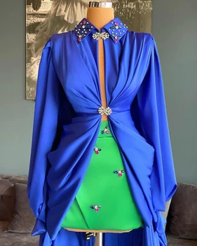 Коктейльные платья королевского синего цвета с длинными рукавами-футлярами, короткие Мини-атласные платья для встречи выпускников с бисером от кутюр