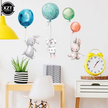 Наклейки на стены с мультяшными животными для детских комнат Воздушный шар с кроликом, декоративные 3D наклейки на стены для детских комнат, большие наклейки на стены для детей