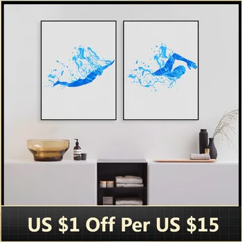 Плакаты на холсте для плавания, настенная картина Blue Splash Swimmer для украшения гостиной Home Deco