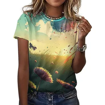 Женская модная футболка с коротким рукавом с травянисто-синим градиентным принтом в виде одуванчиков и бабочек, Женский топ
