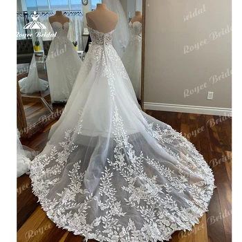Свадебное платье с кружевными аппликациями Roycebridal со шлейфом и открытыми плечами, халат с вырезом в виде сердечка, Свадебное платье Mariee