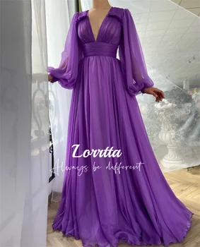 Фиолетовое платье Lorrtta с длинным рукавом, шифоновое вечернее платье длиной до пола, плиссированные коктейльные платья с пышными рукавами, вечерние платья