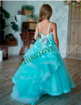 Бирюзовое тюлевое платье с 3D цветами трапециевидной формы для девочек-цветочниц на свадьбу с бретельками без спинки, праздничное платье принцессы для малышей, платье для дня рождения