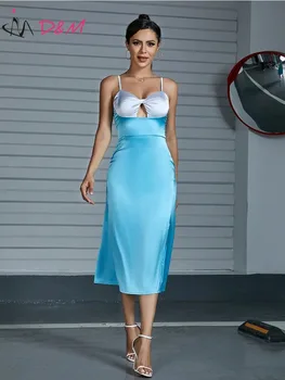 Женское платье-корсет из атласа D & M, синее, белое, с разрезом, тонкие макси-платья для женщин, Элегантное вечернее платье без рукавов с разрезом