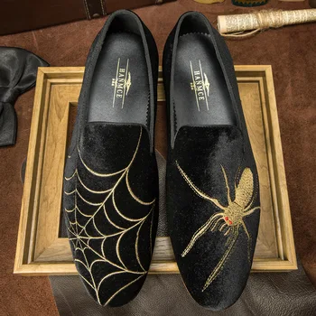 Мужские лоферы ручной работы из натуральной замши На низком каблуке с вышивкой в виде паутины, без застежки, повседневная обувь для вечеринок, удобные мокасины, обувь