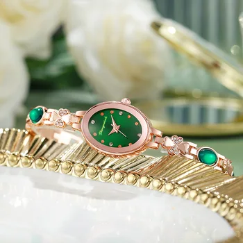 Новые модные Женские овальные часы, женские наручные кварцевые часы из нержавеющей стали, женские часы-браслет с зеленым кристаллом, Relogio Feminino