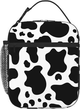 Черно-белая сумка для ланча из коровьей кожи, изолированный многоразовый ланч-бокс, сумка-холодильник с боковым карманом для работы, офиса, пикника, кемпинга и путешествий