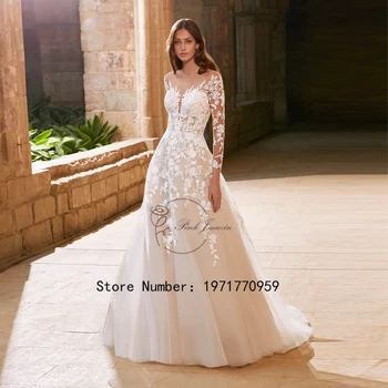 Изысканные свадебные платья для принцессы с длинными рукавами и открытой спиной, платья для невесты из мягкого тюля с аппликацией трапециевидной формы vestidos de novia