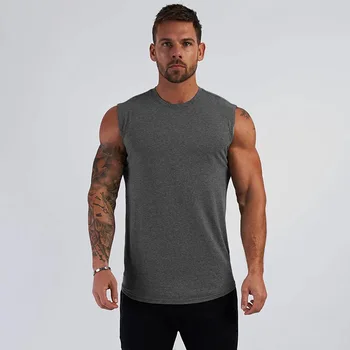 Удобная однотонная летняя спортивная футболка без рукавов, мужской жилет для бодибилдинга и фитнеса, тренировочный топ для бега из чистого хлопка
