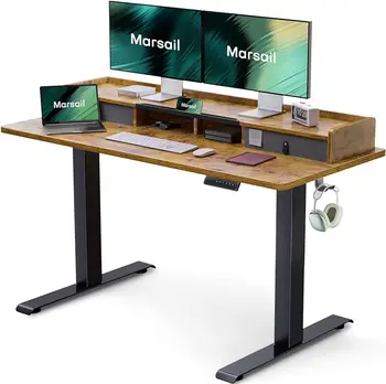Электрический письменный стол с двумя выдвижными ящиками, 55 x 24 дюйма, регулируемый по высоте стол с полкой для хранения, письменный стол-подставка