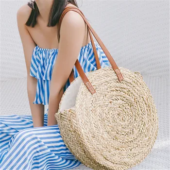 2018 Марокканская сумка-корзина из пальмовых листьев, женские круглые соломенные сумки ручной работы, натуральная овальная пляжная сумка, большая сумка-тоут, модная сумка-круг,