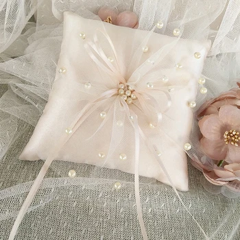 Подушка для обручального кольца для свадебного украшения 15x15 см, двойное сердце, стразы, декор, Атласная свадебная подушка с лентами