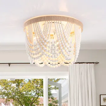 Скандинавский винтажный светодиодный потолочный светильник Современный круглый светильник из деревянных бусин для дома, гостиной, спальни, кабинета, светильник для поверхностного монтажа