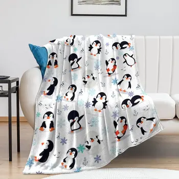 Одеяло с Мультяшным Пингвином, Милые Животные Антарктики, Фланелевые Одеяла со Снежинками для детей, мальчиков и девочек, Забавное Художественное Мягкое Одеяло для дивана