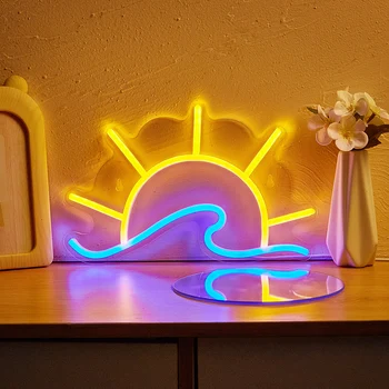Chi-buy LED Neon Sun + Wave С Питанием от USB Неоновые Вывески Night Light 3D Настенное Искусство и Игровая Комната Спальня Декор Гостиной Вывески Для Ламп
