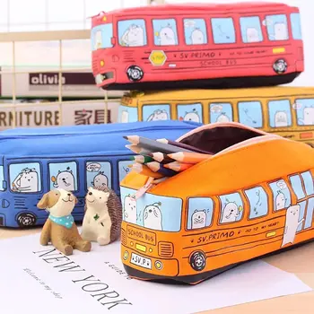 Креативные школьные принадлежности с мультяшными животными большой емкости Холщовая сумка для ручек Пенал в форме школьного автобуса Сумка для карандашей