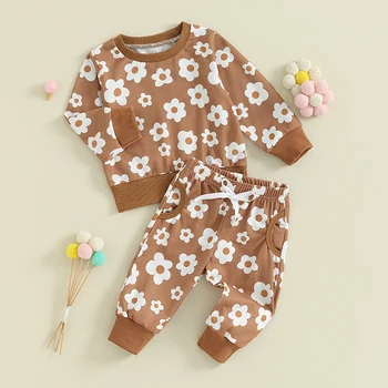 Осенняя одежда для новорожденных девочек, толстовка с длинными рукавами и цветочным принтом, брюки с эластичной резинкой на талии, наряд на весну-осень