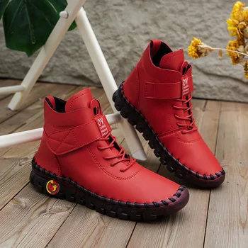 Ретро Красные бежевые меховые сапоги, женские большие размеры 35-44, плюшевая обувь Bigfoot, водонепроницаемые Оксфордские кожаные кроссовки, женские зимние ботинки ручной работы