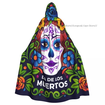 Плащ с Черепом и цветочным Рисунком Dia De Muertos с капюшоном для Косплея на Хэллоуин для взрослых Длинный Праздничный Плащ