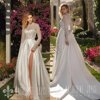Свадебное платье, длинная юбка, аппликация, кружево, великолепные длинные рукава, шлейф, атласные пуговицы, роскошное свадебное платье