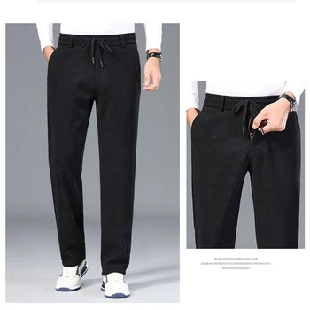 Модные однотонные мужские вельветовые повседневные брюки с эластичной средней талией, рабочие, деловые, свободные прямые брюки, осенние плотные брюки