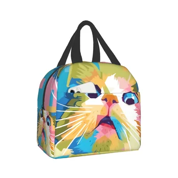 Сумки для ланча с забавным котом, разноцветная сумка для ланча с котом, Многоразовая изолированная сумка-холодильник для ланча для женщин, мужчин, детей и взрослых, для работы, школы, пикника