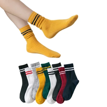 Свободные носки Harajuku для старшеклассниц, Однотонные, вязаные спицами, полосатый хлопок, Соккен, Женщины, Желтый, Синий, Черный