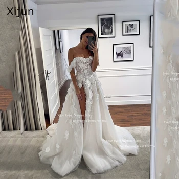 Xijun Princess Длинные Свадебные Платья Трапециевидной Формы С 3D Цветочными Аппликациями, Сексуальные Свадебные Платья С Разрезом, Рукава С Открытыми Плечами, Платье Невесты Для Женщин