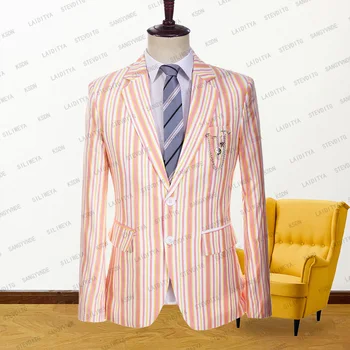 2023 Новый летний мужской костюм для отдыха с белым, оранжевым, красным рисунком в полоску, Льняной лацкан с вырезами, Официальные деловые модные блейзеры, куртка, пальто