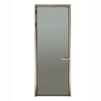 В туалете используется алюминий цвета шампанского, матовое серое стекло, узкая рама, напольная поворотная дверь